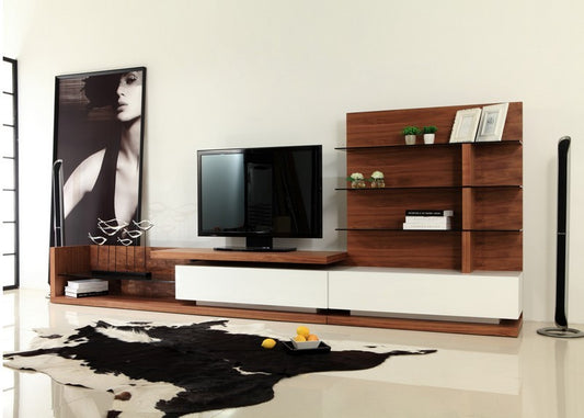 Modrest Jefferson Modern Walnut and White High Gloss TV Unit | Modishstore | TV Stands