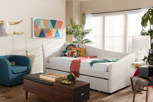 Baxton Studio Vera Modern and Contemporary White Faux Leather Upholstered Curved Sofa Twin Daybed with Roll-Out Trundle Guest Bed | Modishstore | Beds
