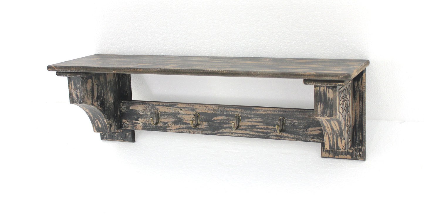 Screen Gems Wood Shelf With 4 Hooks - WD-059 | Wall Shelf | Modishstore