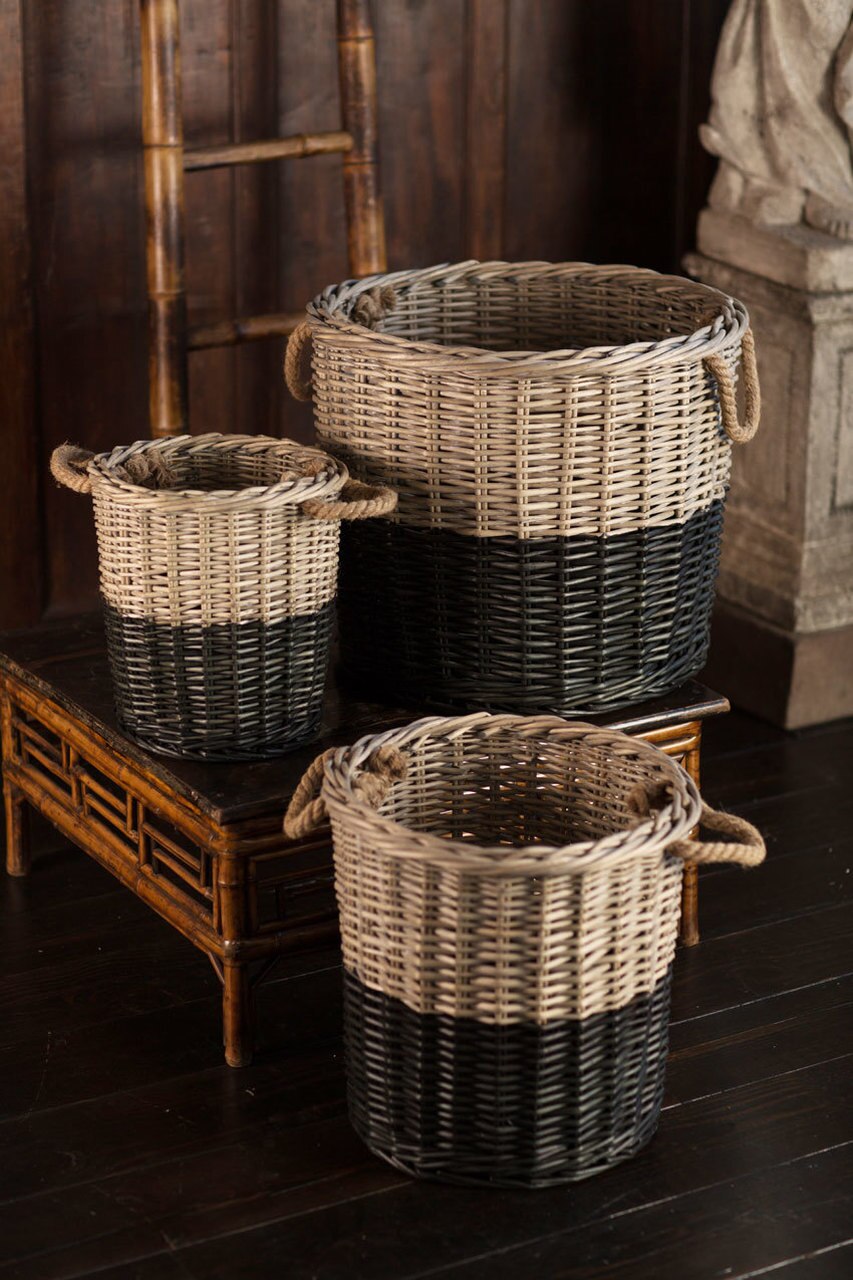 Vagabond Vintage Willow Dipped Black Basket - Set of 3 | Modishstore | Bins, Baskets & Buckets
