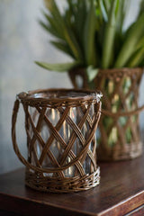 Vagabond Vintage Thick Glass and Wicker Vase with Handle