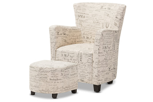 Baxton Studio Benson French Script Patterned Fabric Club Chair and Ottoman Set | Modishstore | Ottomans