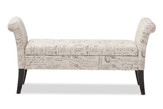 Baxton Studio Avignon Script-Patterned French Laundry Fabric Storage Ottoman Bench | Modishstore | Stools & Benches