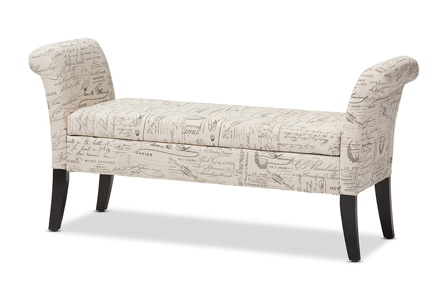 baxton studio avignon script patterned french laundry fabric storage ottoman bench | Modish Furniture Store-2