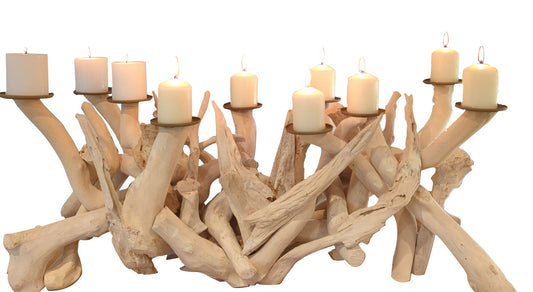 Driftwood 10 Candle Candelabra, Horizontal, White, Bleached by Artisan Living | Candelabra | Modishstore-