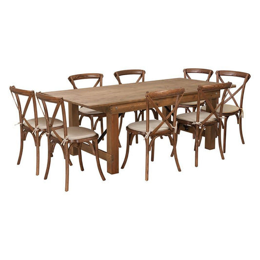 Flash Furniture Hercules Series 7' X 40'' Antique Rustic Folding Farm Table Set With 8 Cross Back Chairs | Dining Sets | Modishstore
