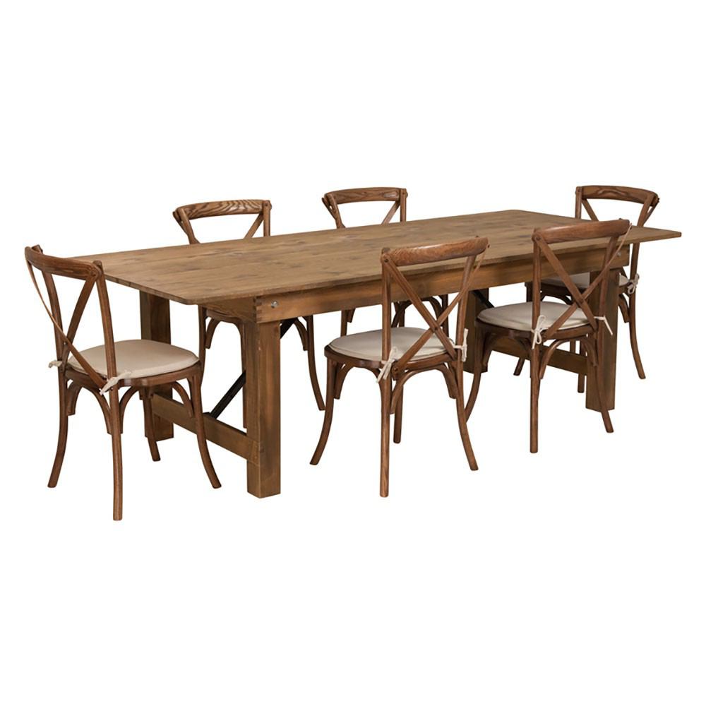 Flash Furniture Hercules Series 8' X 40'' Antique Rustic Folding Farm Table Set With 6 Cross Back Chairs | Dining Sets | Modishstore - 1