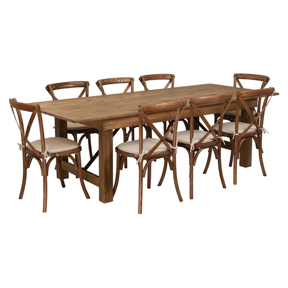 Flash Furniture Hercules Series 8' X 40" Antique Rustic Folding Farm Table Set With 8 Cross Back Chairs | Dining Sets | Modishstore
