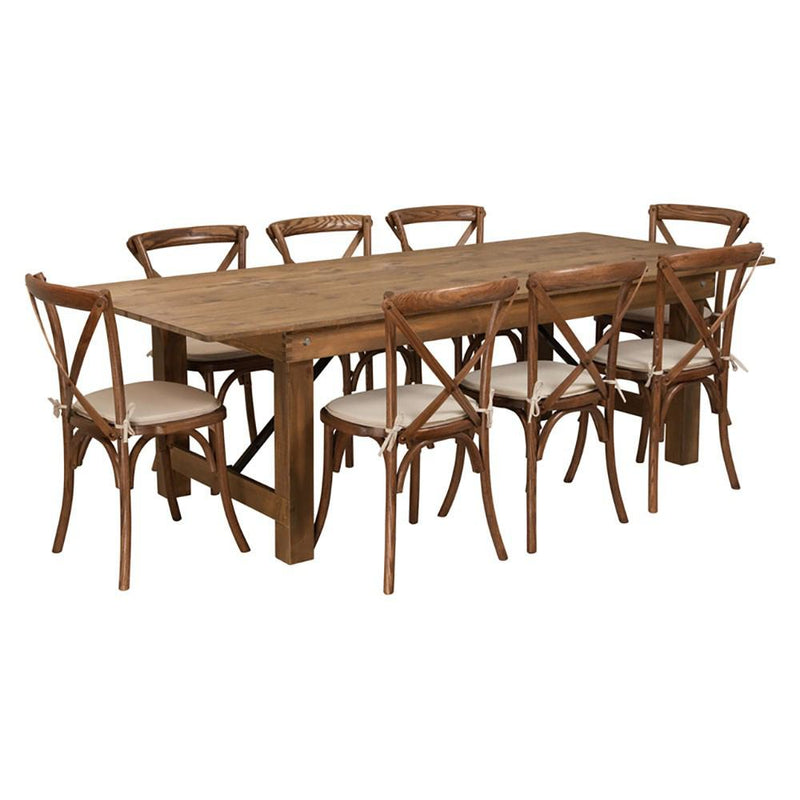 Flash Furniture Hercules Series 8' X 40" Antique Rustic Folding Farm Table Set With 8 Cross Back Chairs | Dining Sets | Modishstore - 1