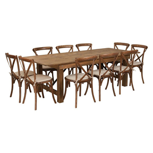 Flash Furniture Hercules Series 8' X 40" Antique Rustic Folding Farm Table Set With 10 Cross Back Chairs | Dining Sets | Modishstore