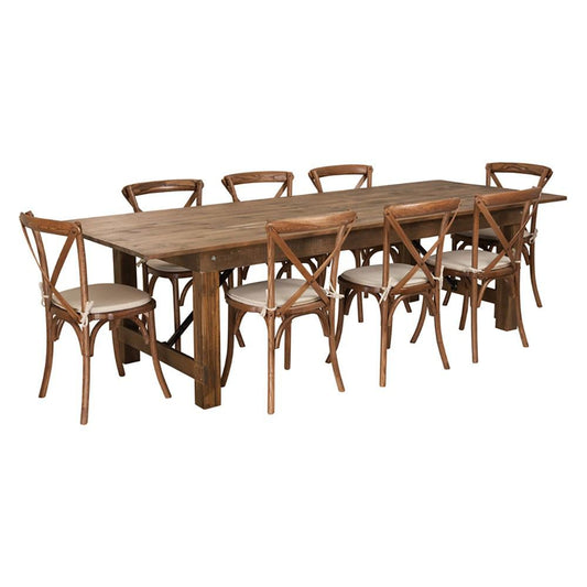 Flash Furniture Hercules Series 9' X 40" Antique Rustic Folding Farm Table Set With 8 Cross Back Chairs | Dining Sets | Modishstore