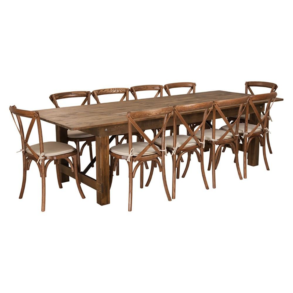 Flash Furniture Hercules Series 9' x 40'' Antique Rustic Folding Farm Table Set With 10 Cross Back Chairs | Dining Sets | Modishstore