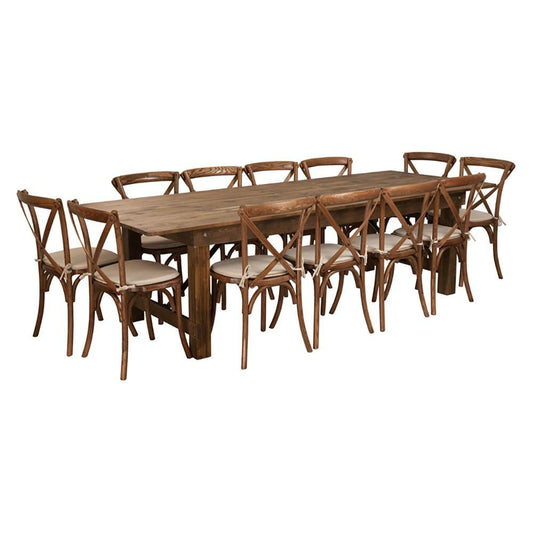 Flash Furniture Hercules Series 9' X 40'' Antique Rustic Folding Farm Table Set With 12 Cross Back Chairs | Dining Sets | Modishstore