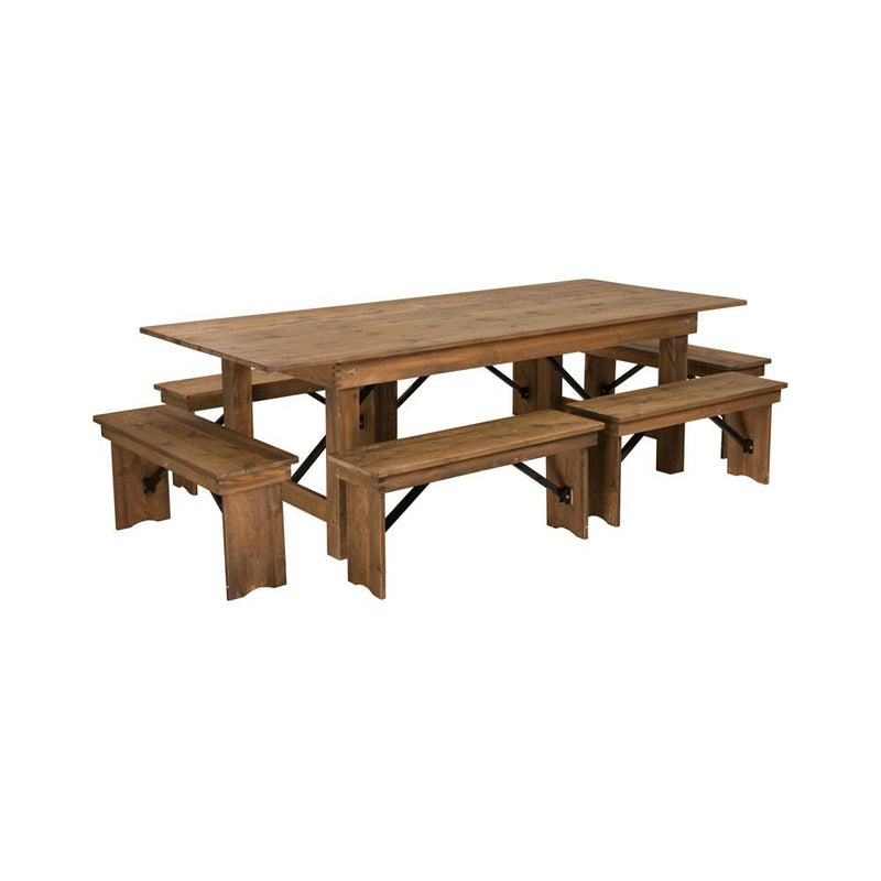 Flash Furniture Hercules Series 8' X 40'' Antique Rustic Folding Farm Table And 6 Bench Set | Dining Sets | Modishstore