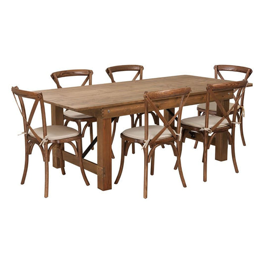 Flash Furniture Hercules Series 7' X 40'' Antique Rustic Folding Farm Table Set With 6 Cross Back Chairs | Dining Sets | Modishstore