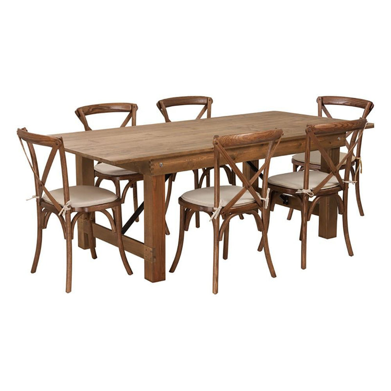 Flash Furniture Hercules Series 7' X 40'' Antique Rustic Folding Farm Table Set With 6 Cross Back Chairs | Dining Sets | Modishstore - 1