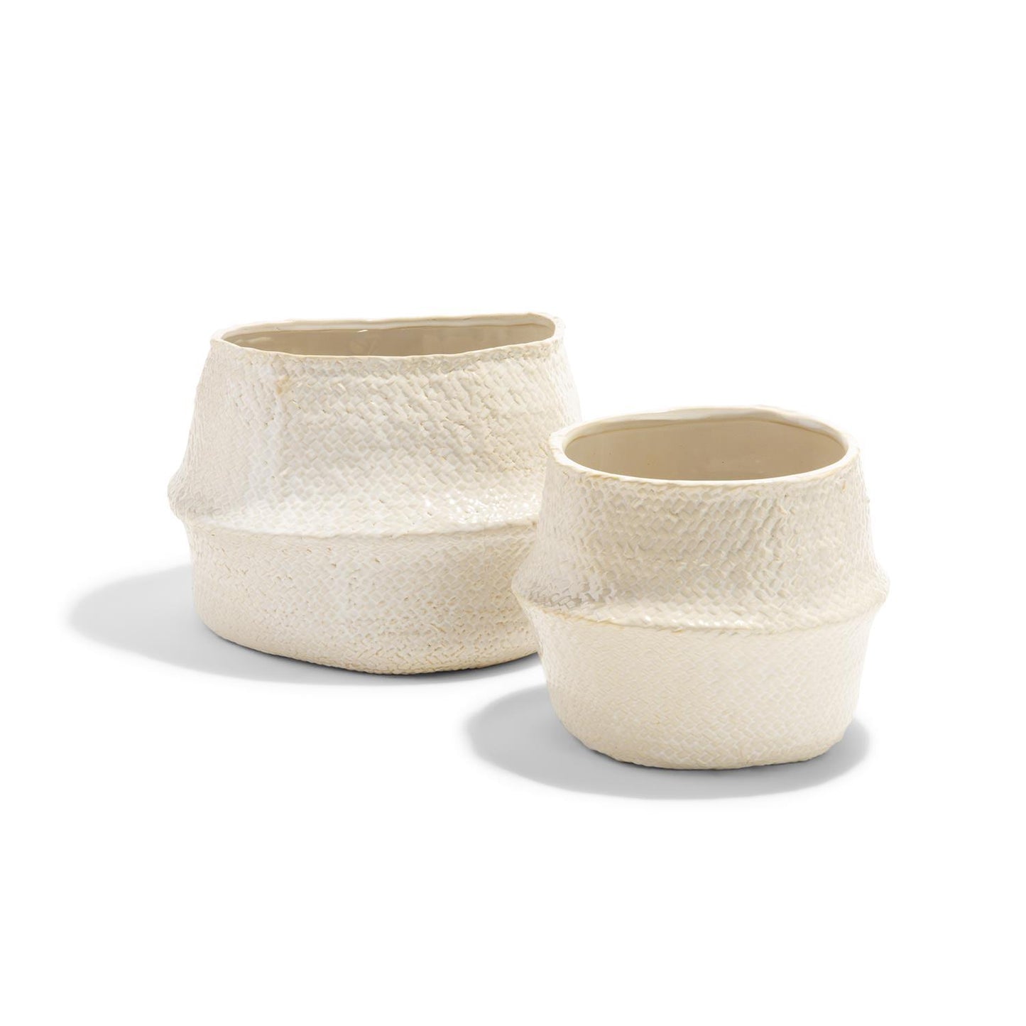 White Pot Decoration With Weave Texture Set Of 2 By Tozai Home | Planters, Troughs & Cachepots | Modishstore -3