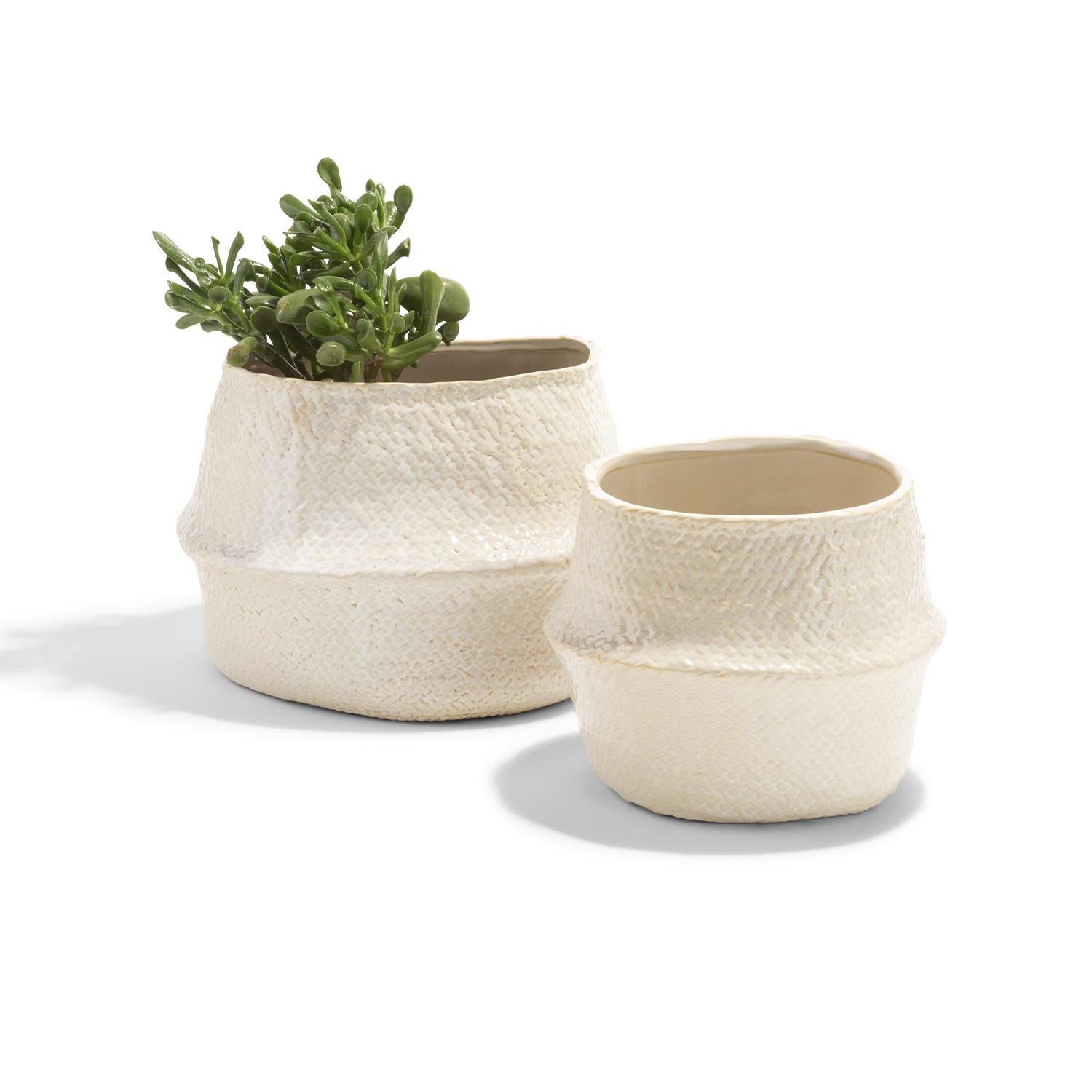 White Pot Decoration With Weave Texture Set Of 2 By Tozai Home | Planters, Troughs & Cachepots | Modishstore -2