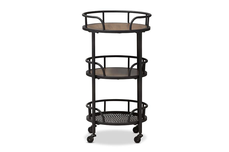 baxton studio bristol rustic industrial style metal and wood mobile serving cart | Modish Furniture Store-3