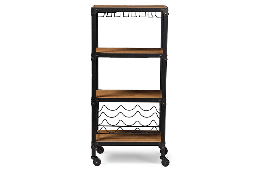 Baxton Studio Swanson Rustic Industrial Style Antique Black Textured Finish Metal Distressed Wood Mobile Kitchen Bar Wine Storage Shelf | Modishstore | Bar Furniture