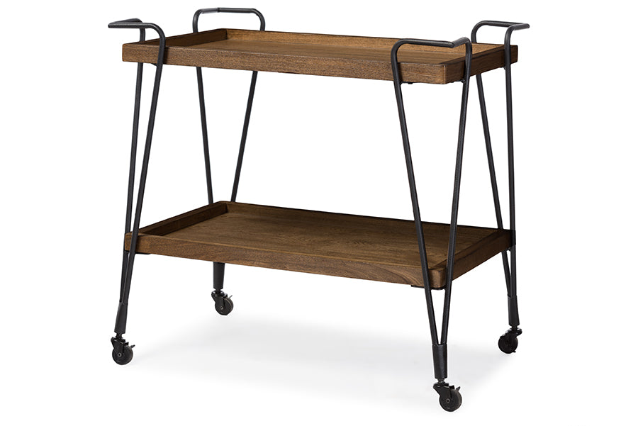 baxton studio jessica rustic industrial style antique black textured finish metal distressed ash wood mobile serving bar cart | Modish Furniture Store-2