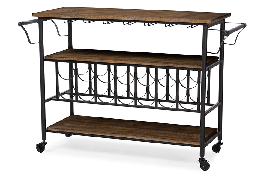 baxton studio bradford rustic industrial style antique black textured finish metal distressed wood mobile kitchen bar serving wine cart | Modish Furniture Store-2