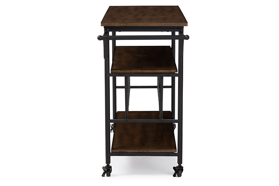 baxton studio bradford rustic industrial style antique black textured finish metal distressed wood mobile kitchen bar serving wine cart | Modish Furniture Store-3