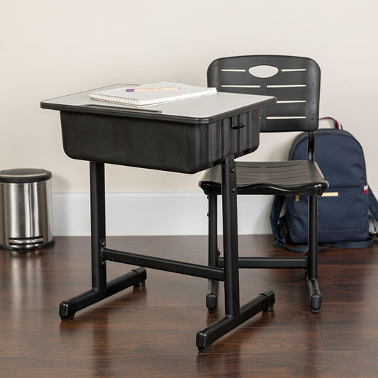 Adjustable Height Student Desk and Chair with Black Pedestal Frame by Flash Furniture | Desks | Modishstore