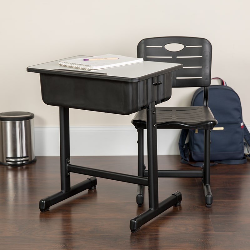 Adjustable Height Student Desk and Chair with Black Pedestal Frame by Flash Furniture | Desks | Modishstore - 1