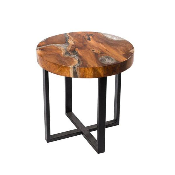 Round Teak & Resin Infused Accent Side Table Brown/Ochre/White  by Aire Furniture | Resin Side Tables | Modishstore - 2