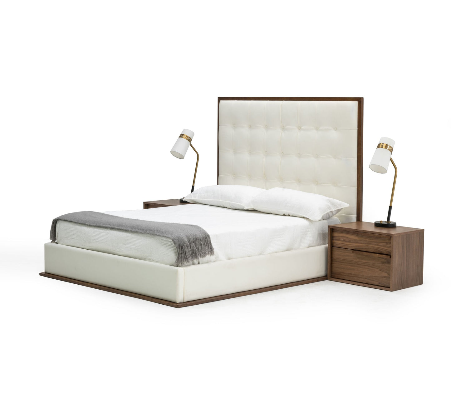 Modrest Amberlie - White Vegan Leather & Walnut Bed | Beds | Modishstore
