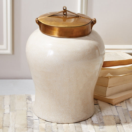 Tozai Home White Crackle Jar With Bronze Lid