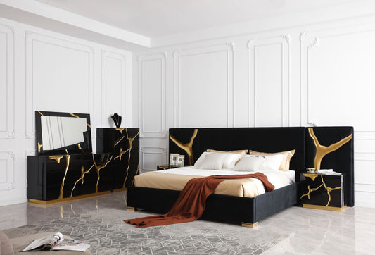Modrest Aspen - Eastern King Glam Black Velvet & Gold Bed | Beds | Modishstore