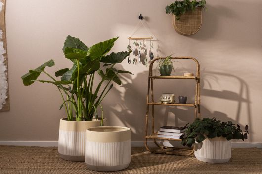 Aveline Ceramic Tan & White Striped Pot By Accent Decor- 3 sizes | Planters, Troughs & Cachepots | Modishstore - 1