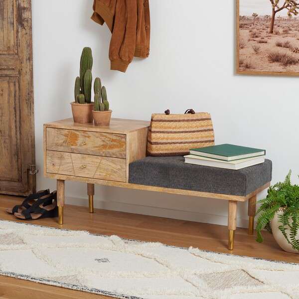 Safavieh Taft 2 Drawer Cushioned Seated Bench - Natural | Benches | Modishstore - 4