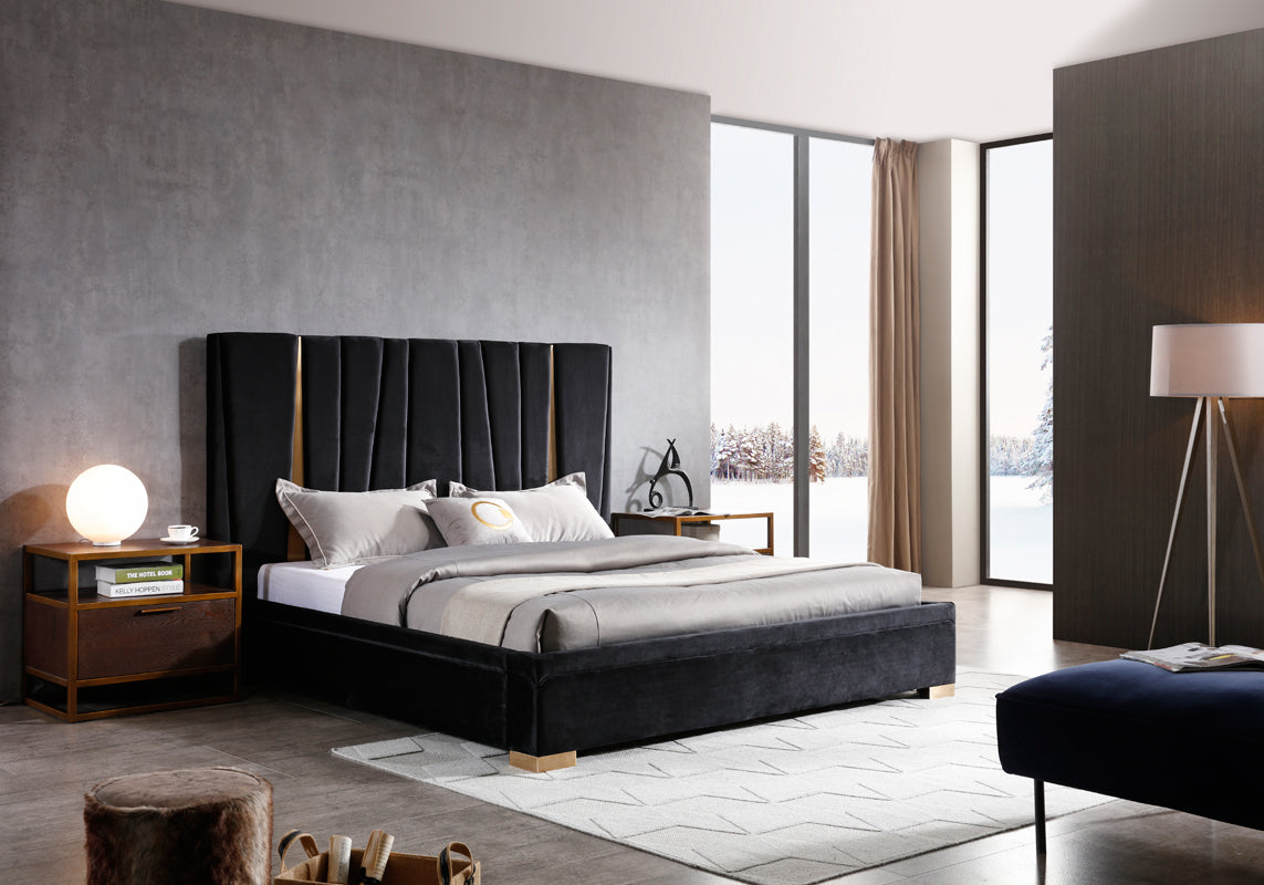 Modrest Evonda Modern Black Velvet & Brass Bed | Beds | Modishstore