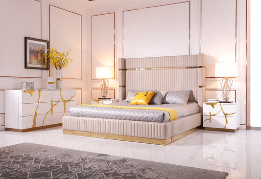 Modrest Aspen Modern Beige Bonded Leather & Gold Bed | Modishstore | Beds