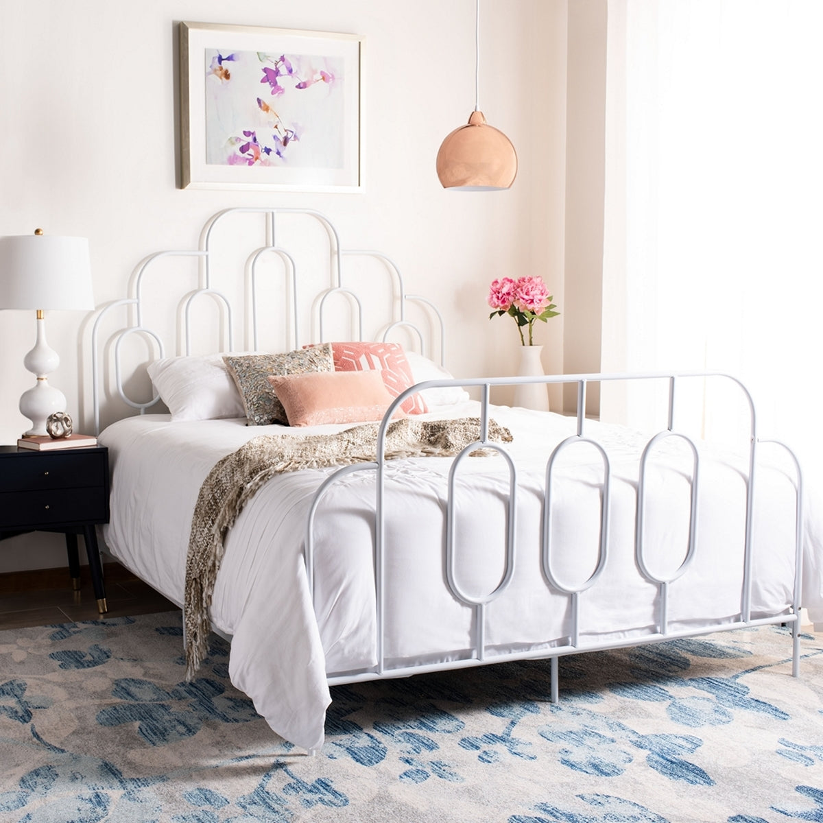 Safavieh Paloma Metal Retro Bed Queen Size - White | Beds | Modishstore
