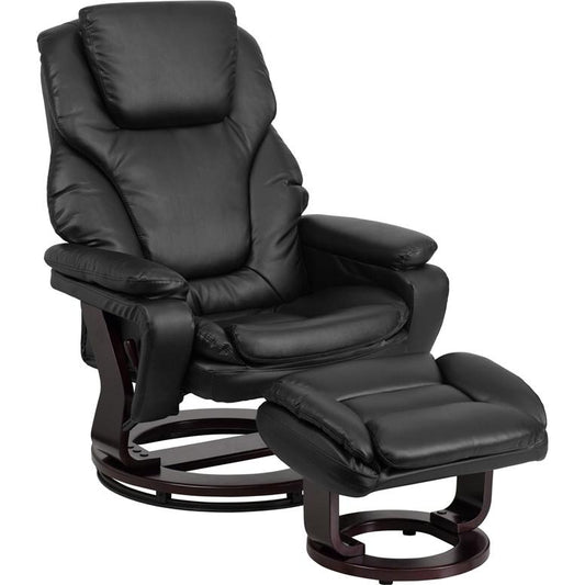 Contemporary Multi-Position Recliner And Ottoman With Swivel Mahogany Wood Base In Black Leathersoft By Flash Furniture | Chairs & Recliners | Modishstore