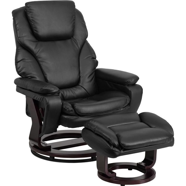 Contemporary Multi-Position Recliner And Ottoman With Swivel Mahogany Wood Base In Black Leathersoft By Flash Furniture | Recliners | Modishstore - 1