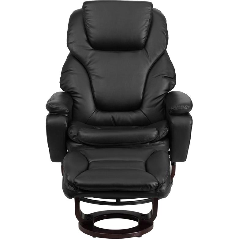 Contemporary Multi-Position Recliner And Ottoman With Swivel Mahogany Wood Base In Black Leathersoft By Flash Furniture | Recliners | Modishstore - 4