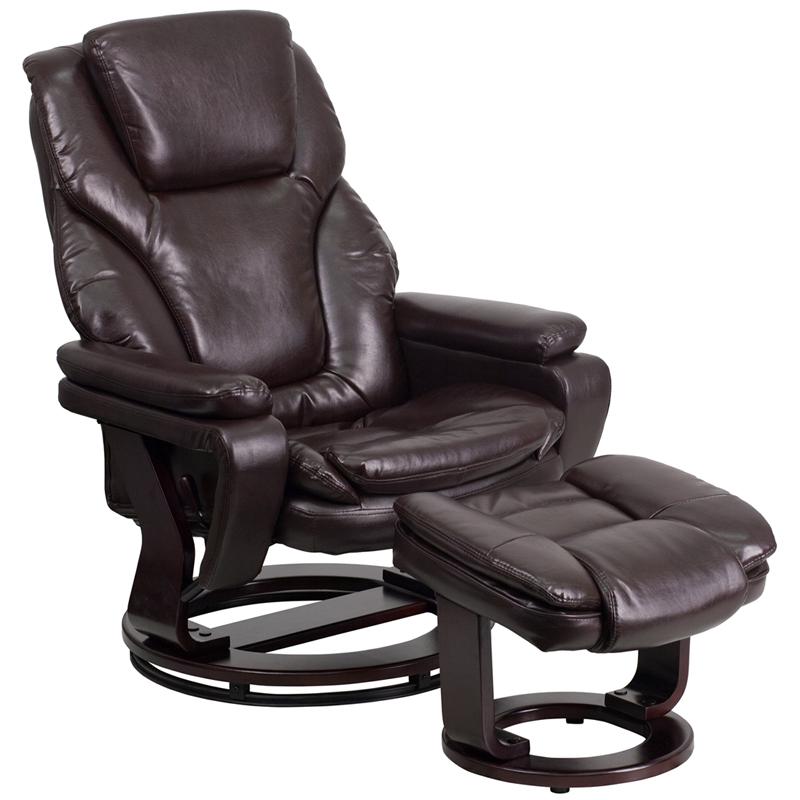 Contemporary Multi-Position Recliner And Ottoman With Swivel Mahogany Wood Base In Brown Leathersoft By Flash Furniture | Recliners | Modishstore - 1