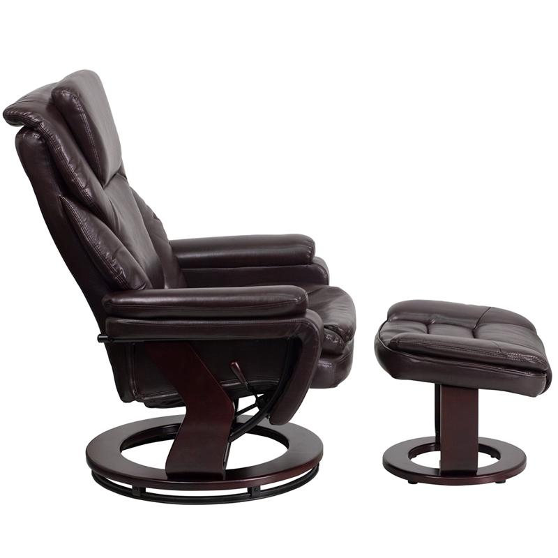 Contemporary Multi-Position Recliner And Ottoman With Swivel Mahogany Wood Base In Brown Leathersoft By Flash Furniture | Recliners | Modishstore - 2