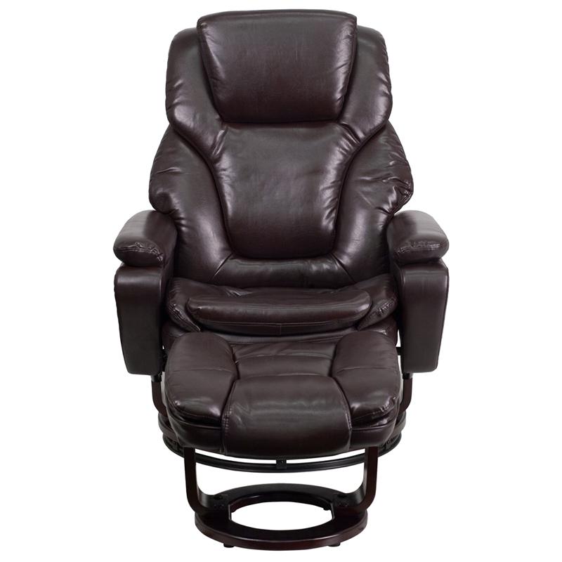 Contemporary Multi-Position Recliner And Ottoman With Swivel Mahogany Wood Base In Brown Leathersoft By Flash Furniture | Chairs & Recliners | Modishstore - 4