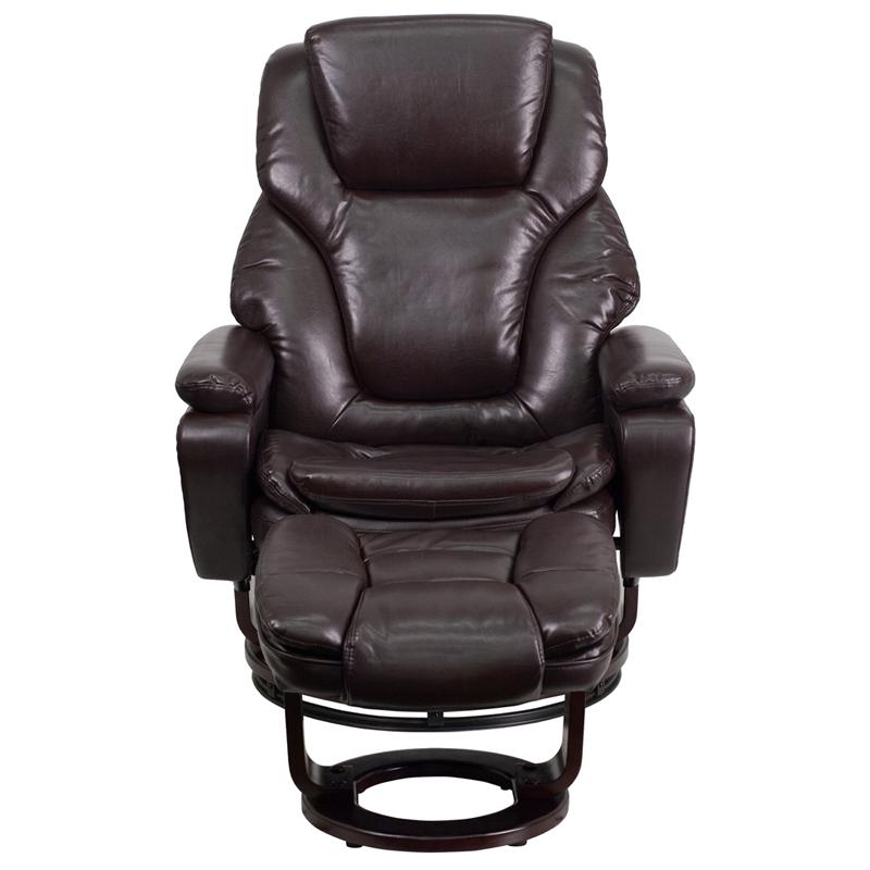 Contemporary Multi-Position Recliner And Ottoman With Swivel Mahogany Wood Base In Brown Leathersoft By Flash Furniture | Recliners | Modishstore - 4