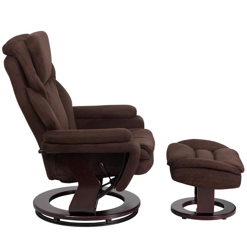 Contemporary Multi-Position Recliner And Ottoman With Swivel Mahogany Wood Base In Brown Microfiber By Flash Furniture | Recliners | Modishstore - 2