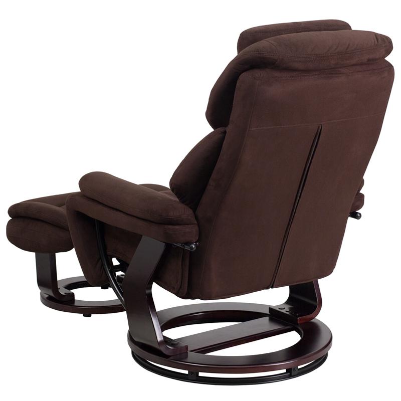Contemporary Multi-Position Recliner And Ottoman With Swivel Mahogany Wood Base In Brown Microfiber By Flash Furniture | Recliners | Modishstore - 3