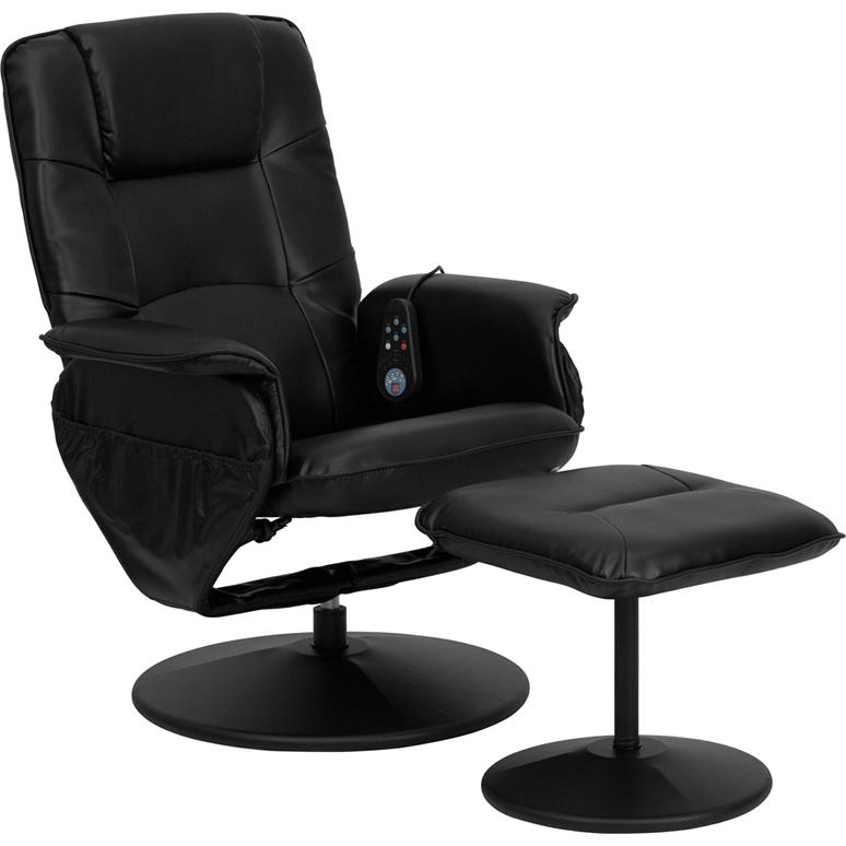 Massaging Adjustable Recliner With Deep Side Pockets And Ottoman With Wrapped Base In Black Leathersoft By Flash Furniture | Recliners | Modishstore - 1
