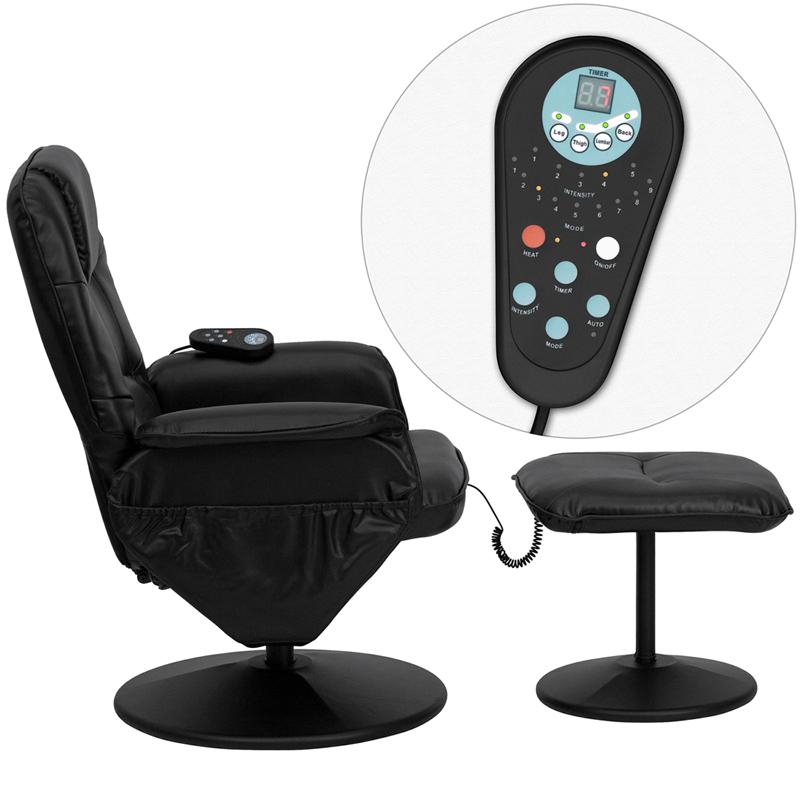 Massaging Adjustable Recliner With Deep Side Pockets And Ottoman With Wrapped Base In Black Leathersoft By Flash Furniture | Recliners | Modishstore - 2