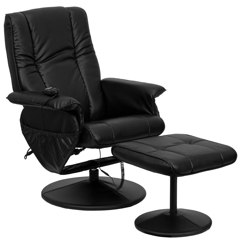 Massaging Heat Controlled Adjustable Recliner And Ottoman With Wrapped Base In Black Leathersoft By Flash Furniture | Recliners | Modishstore - 1